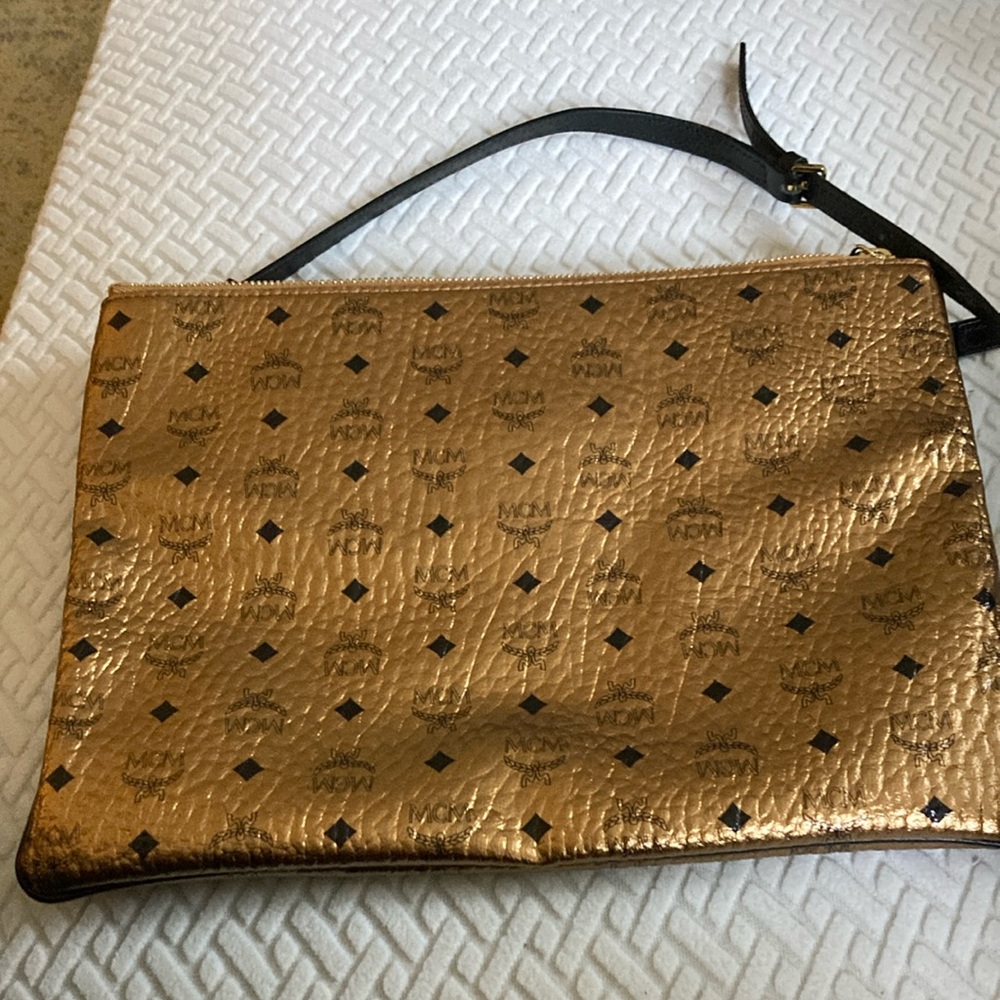 Authentic MCM Portuna Visetos crossbody bag or clutch, metallic gold leather.